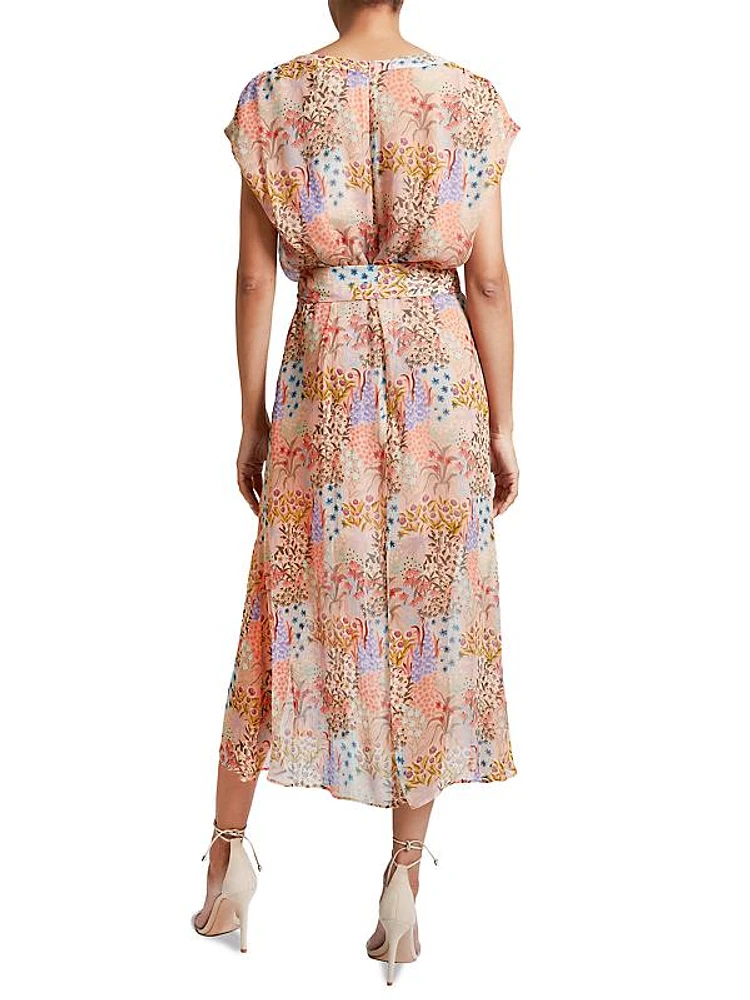 Fara Floral Georgette Faux-Wrap Midi-Dress