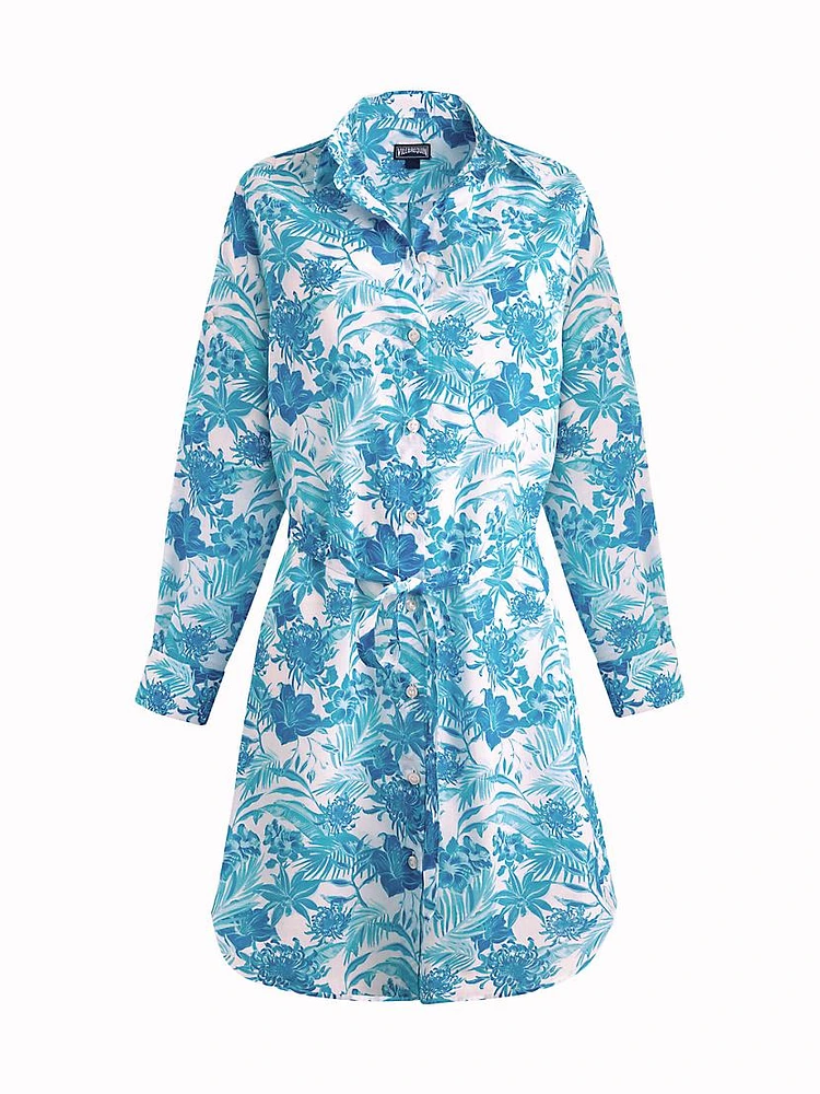 Tahiti Flowers Tie-Waist Shirtdress