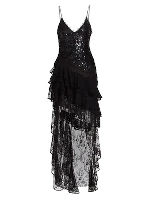 Nelia Sequin Lace High-Low Maxi Dress