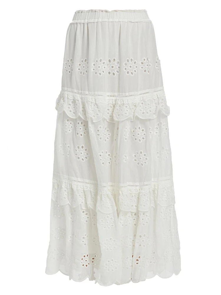 Eyelet Cotton Ruffle Maxi Skirt