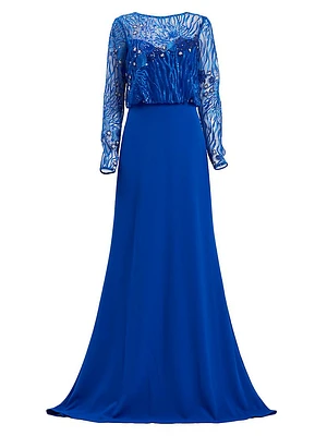 Sequined Lace Blouson Illusion Gown