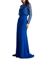 Sequined Lace Blouson Illusion Gown