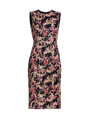 Sequined Floral Sleeveless Sheath Midi-Dress