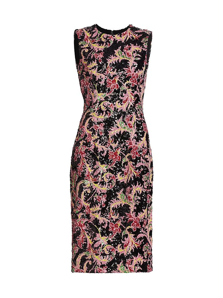 Sequined Floral Sleeveless Sheath Midi-Dress