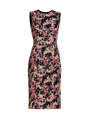 Sequined Floral Sleeveless Sheath Midi-Dress