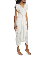 Draped Cotton-Silk V-Neck Midi-Dress