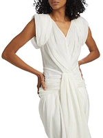 Draped Cotton-Silk V-Neck Midi-Dress