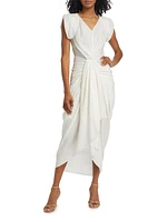 Draped Cotton-Silk V-Neck Midi-Dress