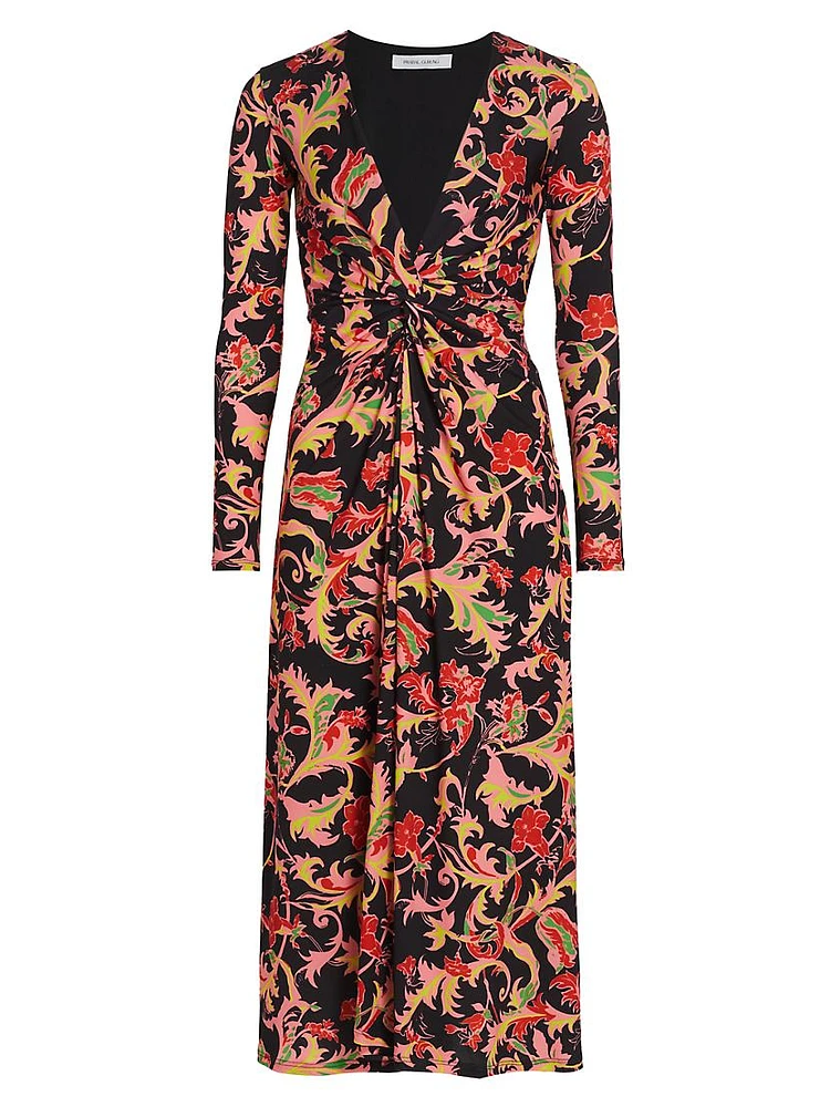 Leafy Twist-Front Midi-Dress