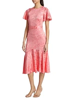 Victoria Jacquard Flutter-Sleeve Midi-Dress