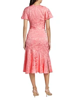 Victoria Jacquard Flutter-Sleeve Midi-Dress