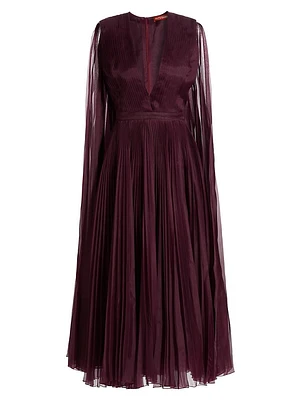 Pamela Silk Pleated Cape Maxi Dress