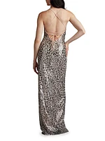 Sequined Crisscross Halter Gown