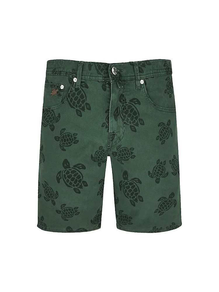 Garonne Sea-Turtle-Print Stretch-Denim Shorts