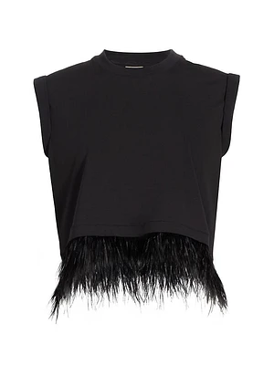 Feather-Trimmed Stretch-Cotton Crop T-Shirt