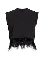 Feather-Trimmed Stretch-Cotton Crop T-Shirt