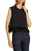 Feather-Trimmed Stretch-Cotton Crop T-Shirt