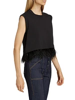 Feather-Trimmed Stretch-Cotton Crop T-Shirt