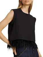 Feather-Trimmed Stretch-Cotton Crop T-Shirt