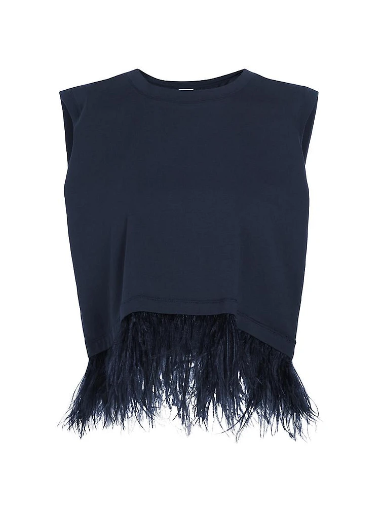 Feather-Trimmed Stretch-Cotton Crop T-Shirt