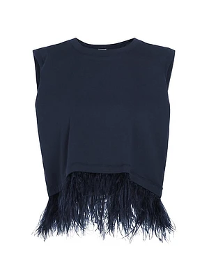 Feather-Trimmed Stretch-Cotton Crop T-Shirt