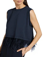 Feather-Trimmed Stretch-Cotton Crop T-Shirt