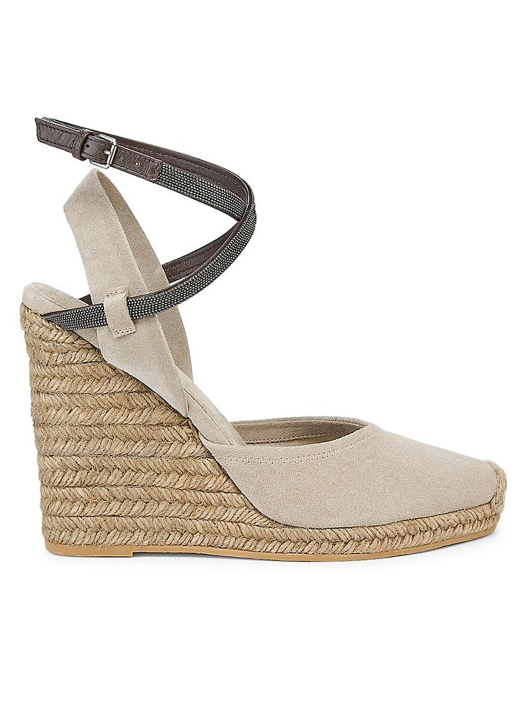 80MM Monili-Embellished Suede Espadrille Wedge Pumps