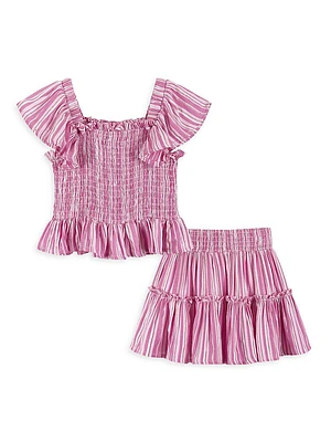 Little Girl's 2-Piece Striped Smocked Top & Skirt Set