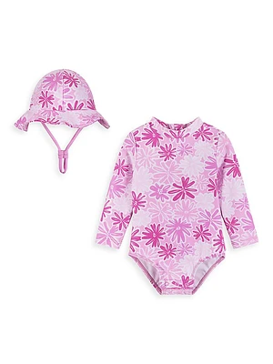 Baby Girl's 2-Piece Ribbed Rashguard One-Piece Swimsuit & Bucket Hat