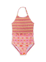 Little Girl's & Fruit Print Smocked One-Piece Swimsuit