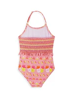 Little Girl's & Fruit Print Smocked One-Piece Swimsuit