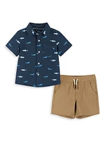 Baby Boy's, Little Boy's & Shark Print Short-Sleeve Shirt Shorts Set