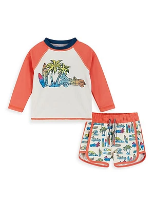 Baby Boy's, Little Boy's & Boy's Surf Print Rashguard Top & Swim Trunks Set