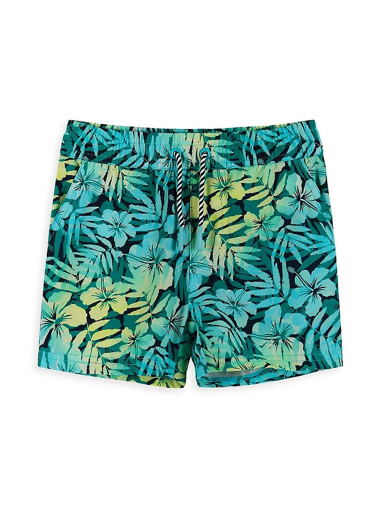 Little Boy's & Hibiscus Print Swim Trunks