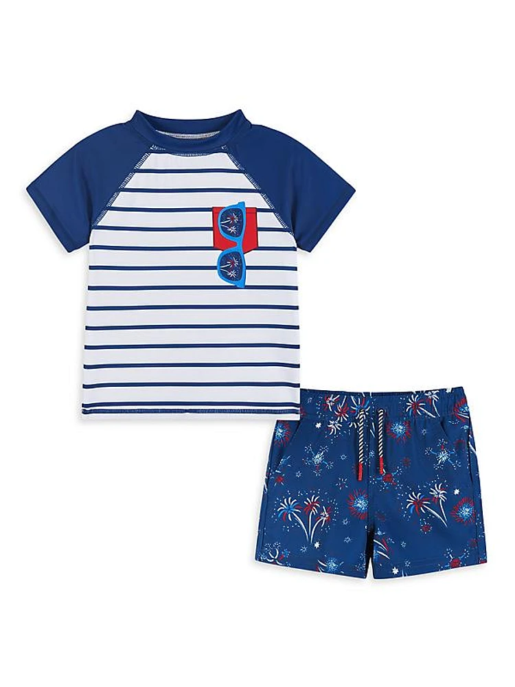 Little Boy's & Boy's Striped & Fireworks T-Shirt & Shorts Rashguard Set