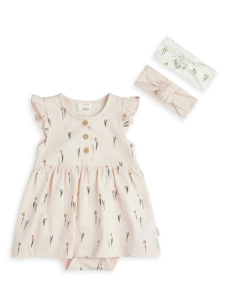 Baby Girl's Petit Lem Tulip Print Bodysuit Dress & Headbands Set