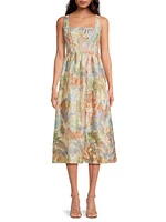 Metallic Jacquard Painterly Fit & Flare Midi-Dress