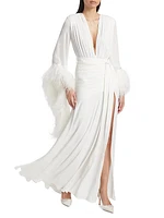 Geisha Feather-Cuff Tie-Waist Maxi Dress