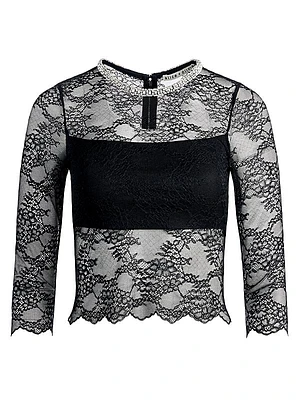 Vanita Crystal-Embellished Lace Three-Quarter Sleeve Top