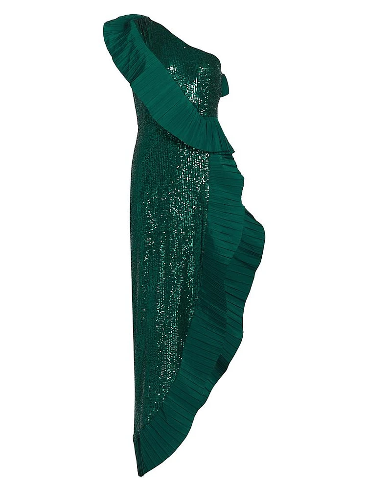 Sequin One-Shoulder Ruffled Gown