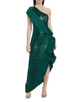 Sequin One-Shoulder Ruffled Gown