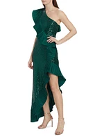 Sequin One-Shoulder Ruffled Gown