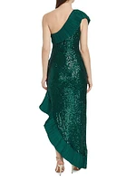 Sequin One-Shoulder Ruffled Gown