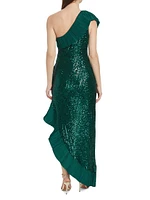 Sequin One-Shoulder Ruffled Gown