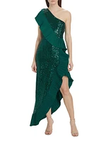 Sequin One-Shoulder Ruffled Gown