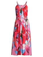 Watercolor Floral Cotton Tie-Waist Midi-Dress