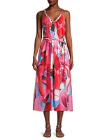 Watercolor Floral Cotton Tie-Waist Midi-Dress