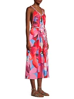 Watercolor Floral Cotton Tie-Waist Midi-Dress