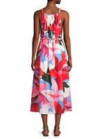 Watercolor Floral Cotton Tie-Waist Midi-Dress