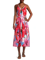 Watercolor Floral Cotton Tie-Waist Midi-Dress